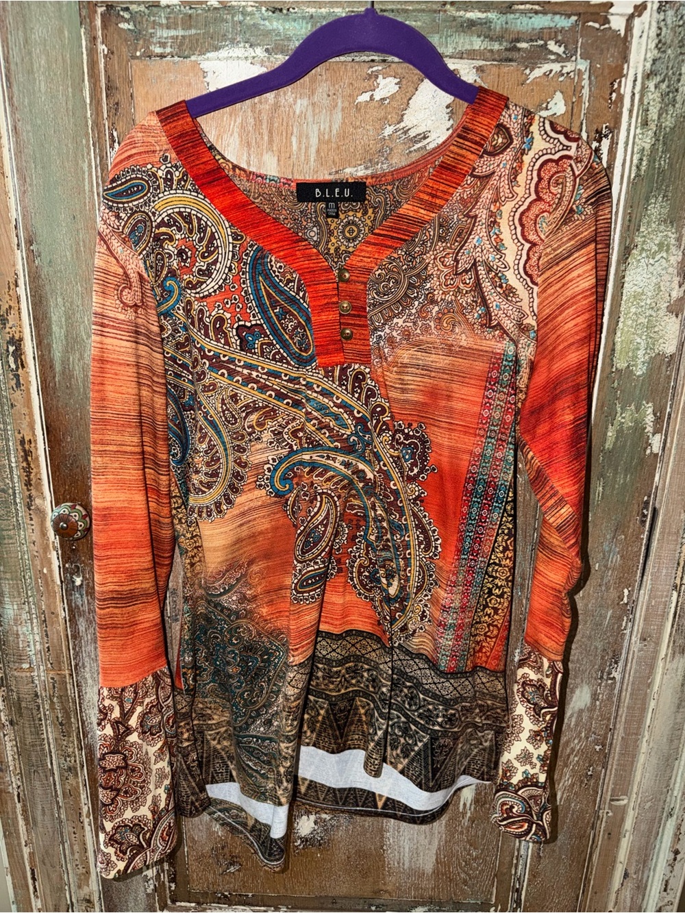 B.L.E.U. Women’s Medium Paisley Boho Tunic Top Bell Sleeves Orange Brown